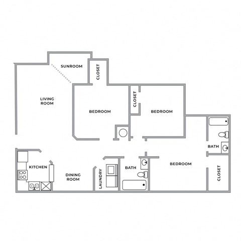 Floor plan for 3 beds, 2 baths, 1322 sqft